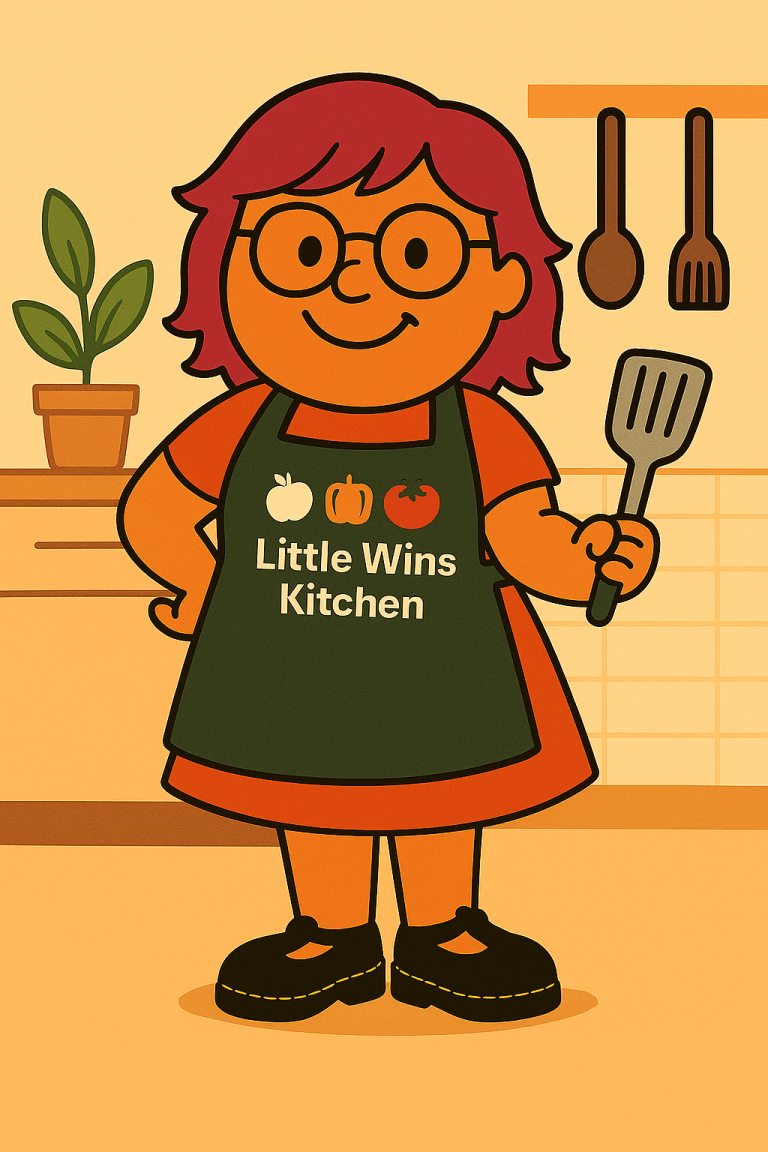 Cartoon of Mrs Cresswell hiding a spatula with an apron on