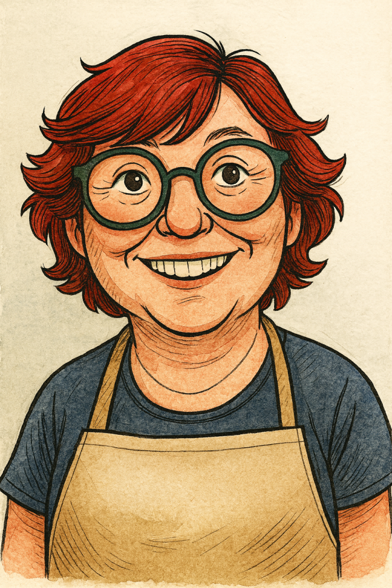 Cartoon of Mrs Cresswell hiding a spatula with an apron on